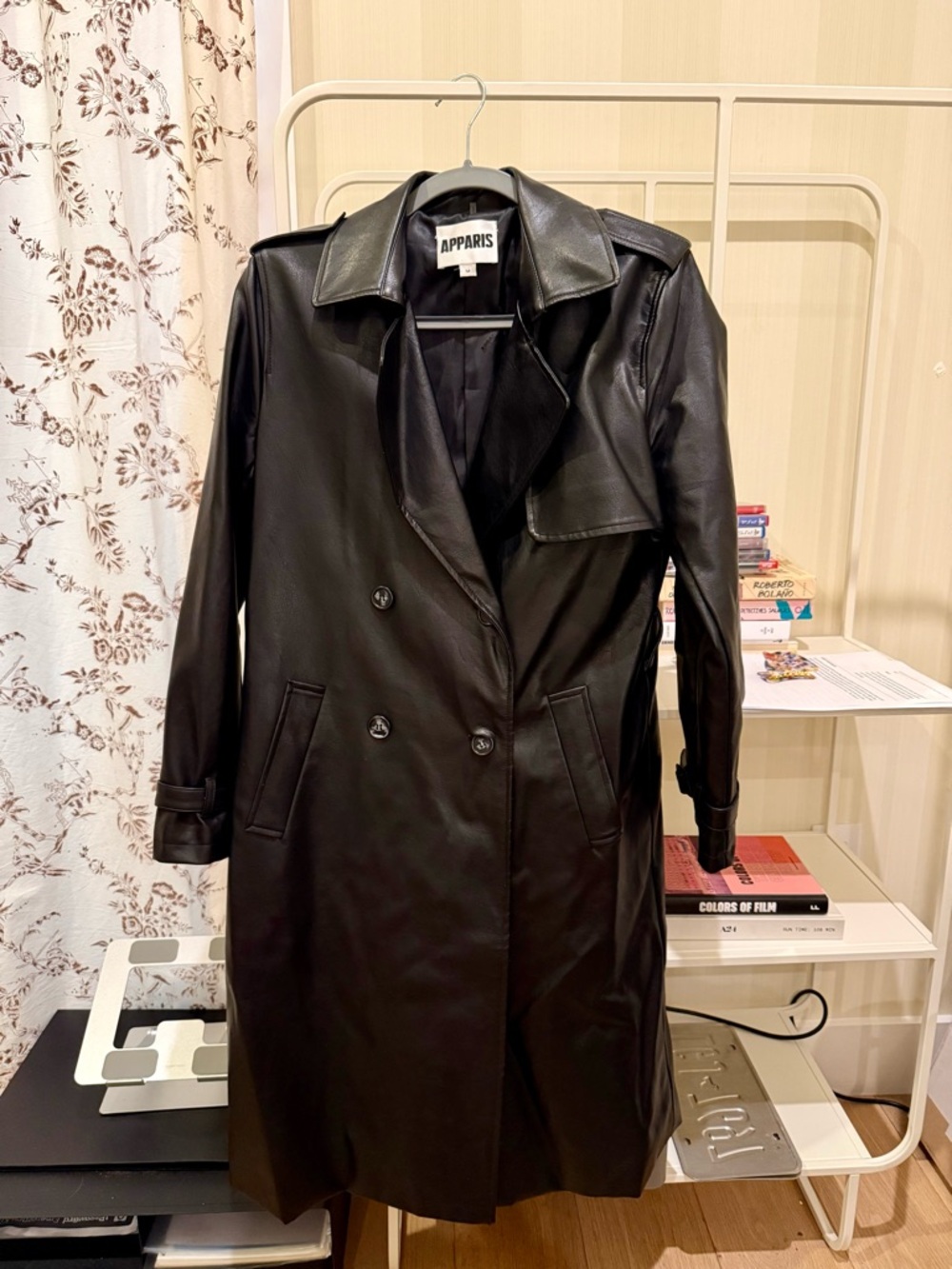 Apparis Black Faux Leather Double-Breasted Trench Coat